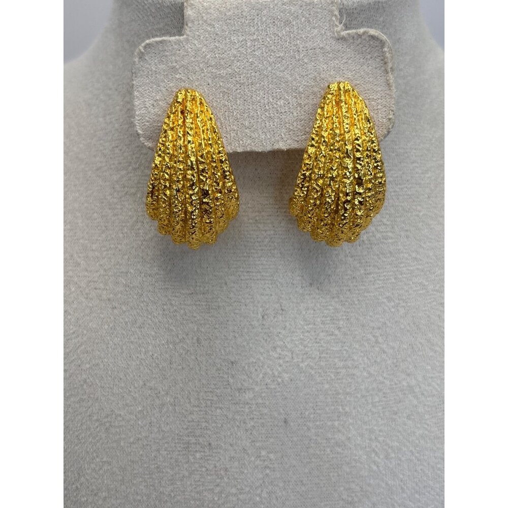 Premier Designs Vintage Gold Tone Textured Half Hoop Shrimp Style Post Earrings